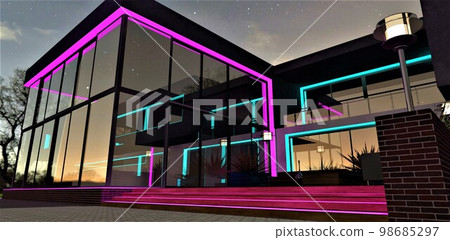 Amazing concept of the glass facade night illumination of the contemporary estate under thw starry sky. 3d rendering. 98685297