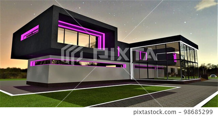 Beautiful starry night above the modern house illuminated in white and purple. Two hours before dawn. 3d rendering. Beautiful starry night above the modern house illuminated in white and purple. Two hours before dawn. 3d rendering. 98685299
