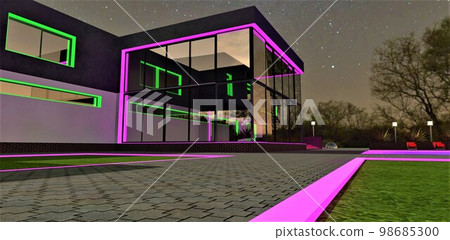 Glowing purple border of the concrete block paved walkway to the awesome suburban home located in ecological region at night. 3d rendering. Glowing purple border of the concrete block paved walkway to the awesome suburban home located in ecological region at night. 3d rendering. 98685300