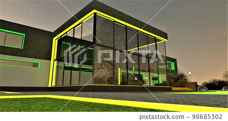 Green and yellow combination as a night decor of the territory around the newly built elite suburban house for rich people. 3d rendering. Green and yellow combination as a night decor of the territory around the newly built elite suburban house for rich people. 3d rendering. 98685302