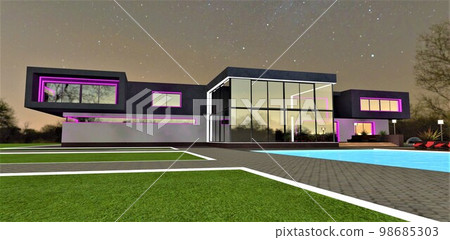 Illumination of contemporary suburban home in purple and white. Stunning pool with blue water in front of the building. Amazing starry night. 3d rendering. Illumination of contemporary suburban home in purple and white. Stunning pool with blue water in front of the building. Amazing starry night. 3d rendering. 98685303