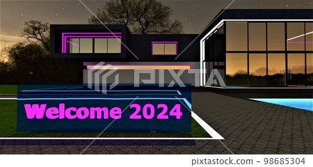 Inscription Welcome 2024 written in bolt purple on a blue glass stand. Stylish house at night on the background. Good New Year greeting card. 3d rendering. Inscription Welcome 2024 written in bolt purple on a blue glass stand. Stylish house at night on the background. Good New Year greeting card. 3d rendering. 98685304
