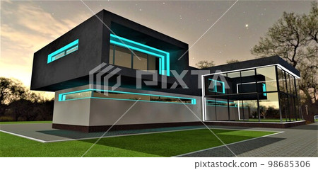 New idea of contemporary estate night illumination. Looks good in combination with glass facade. 3d rendering. New idea of contemporary estate night illumination. Looks good in combination with glass facade. 3d rendering. 98685306