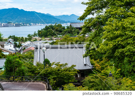 [The Thirty-Three Kannon Pilgrimage Sites of China] No. 14: Daishoin Temple, View of the Niomon Gate and Miyajima/Hatsukaichi city from the Mani-den Hall, Hatsukaichi City, Hiroshima Prefecture 98685320