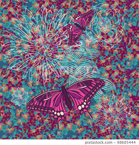 Seamless pattern with small flowers. Purple butterflies. Vector illustration 98685444