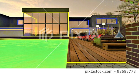 Wooden terrace with night lights and comfortable furniture near the glowing pool in front of the stylish country house. Yellow and blue illumination of the estate. 3d rendering. 98685778