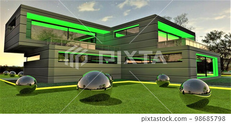 Green and yellow illumination of the modern stylish house in the evening. Several metal balls on the lawn reflect amazing starry sky. 3d rendering. 98685798
