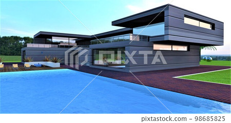 Wonderful family country house with a large swimming pool in the yard. Fenced terrace along the entire facade of the building. 3d rendering. Wonderful family country house with a large swimming pool in the yard. Fenced terrace along the entire facade of the building. 3d rendering. 98685825