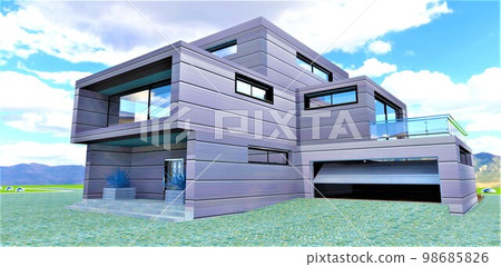 A brutal concept of a futuristic country cottage with a metal facade. View of the porch and garage. Natural gray granite as paving stones in front of the entrance. 3d rendering. 98685826