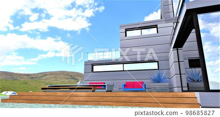 A cozy compact seating area with colorful sofas and a designer table. Wooden steps to the deck. Large reflective windows on the aluminum facade. Hills and cloudy blue sky. 3d rendering. 98685827