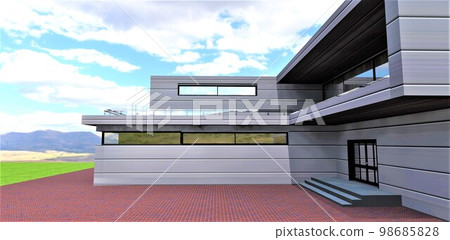 A spacious paved area paved with red brick in front of the front entrance to a modern country house finished with parallel aluminum panels. 3d rendering. 98685828