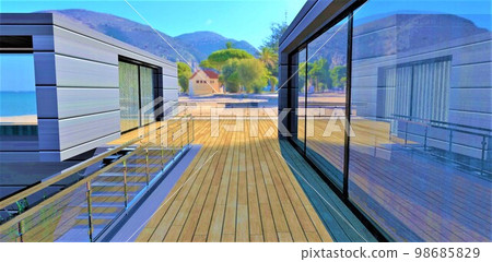 Amazing fenced terrace with wooden flooring anf big mirror windows. Nice view to the tropical mountains landscape. 3d rendering. Amazing fenced terrace with wooden flooring anf big mirror windows. Nice view to the tropical mountains landscape. 3d rendering. 98685829