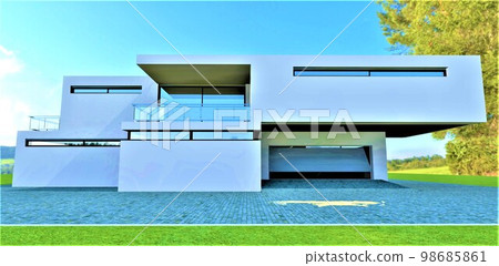 Exit from the garage of the elite country house with white facade. Beautiful meadow around. 3d rendering. Exit from the garage of the elite country house with white facade. Beautiful meadow around. 3d rendering. 98685861