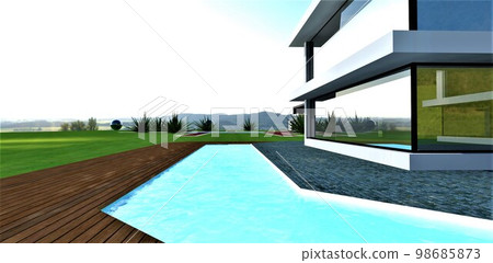 An elegant but simple country cottage with a glass facade, a turquoise pool and a view of a wonderful green meadow and mountains in the distance. 3d rendering. 98685873