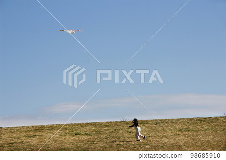 The girl is happy while chasing a kite that has risen high, running around the park and flying high in the sky The girl is happy while chasing a kite that has risen high, running around the park and flying high in the sky 98685910