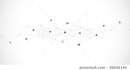 Information technology background with infographic elements and flat icons. Digital technology, network connection and communication concept. Vector illustration. Information technology background with infographic elements and flat icons. Digital technology, network connection and communication concept. Vector illustration. 98686144
