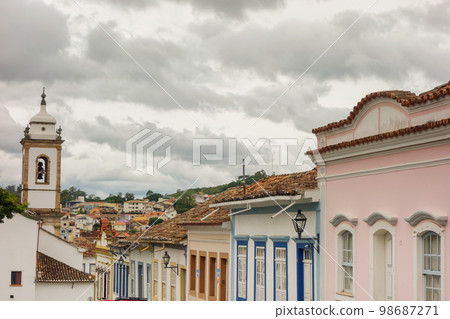 ancient architecture and facades of colonial city of Sao Joao del Rei, Minas Gerais state in Brazil 98687271