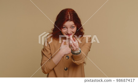 Woman rubbing fingers show cash gesture demands to pay back the debt, take loan do shopping, begging 98687417