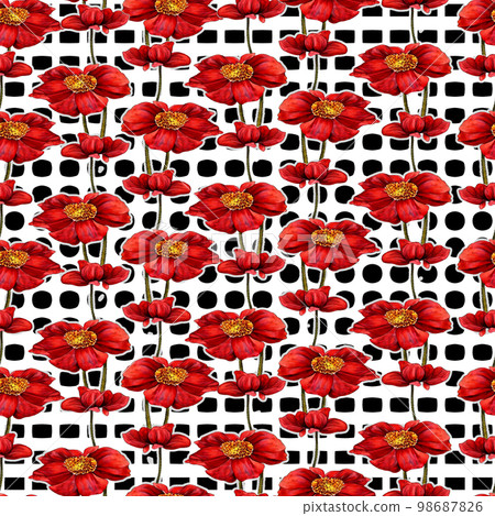 Red poppies on black and white polka dot background seamless pattern 98687826