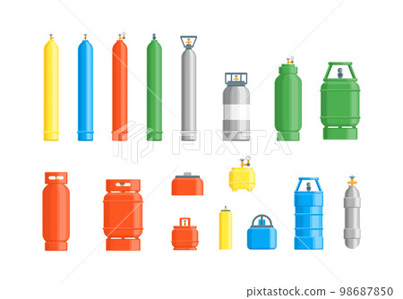 Cartoon Color Different Gas Cylinder Tanks Set Flat Design Style Include of Propane and Oxygen. Vector illustration Cartoon Color Different Gas Cylinder Tanks Set Flat Design Style Include of Propane and Oxygen. Vector illustration 98687850