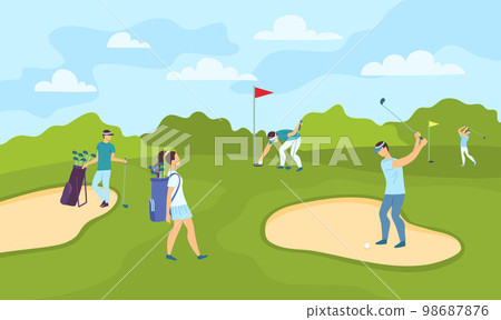 Cartoon Color Characters People Playing Golf on Course Sport Club Concept Flat Design Style . Vector illustration Cartoon Color Characters People Playing Golf on Course Sport Club Concept Flat Design Style . Vector illustration 98687876