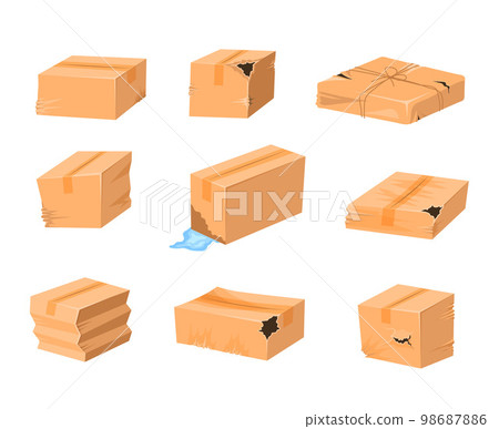 Cartoon Color Different Damaged Cardboard Boxes Set Broken and Crumpled Package Concept Flat Design Style. Vector illustration Cartoon Color Different Damaged Cardboard Boxes Set Broken and Crumpled Package Concept Flat Design Style. Vector illustration 98687886