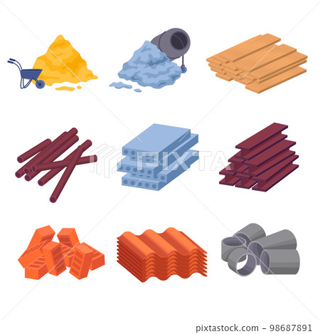 Cartoon Color Different Building Materials Set Flat Design Style Include of Brick, Cement and Sand. Vector illustration 98687891