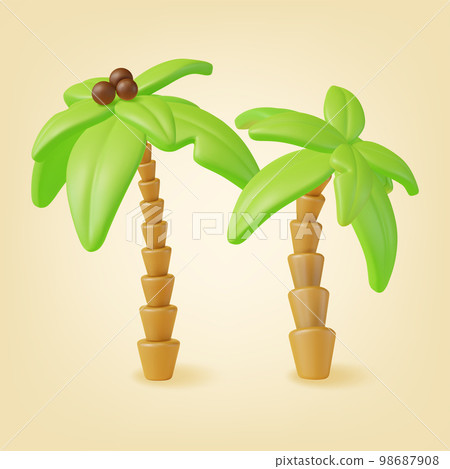 3d Tropical Palm Tree Set Plasticine Cartoon Style. Vector illustration of Exotic Plant Green Leaf and Coconut 3d Tropical Palm Tree Set Plasticine Cartoon Style. Vector illustration of Exotic Plant Green Leaf and Coconut 98687908
