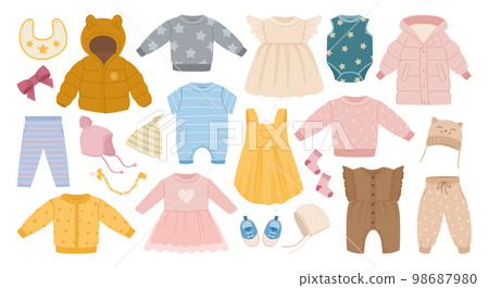 Cartoon kids clothes. Baby boys and girls casual garments, cute little pants, jumpsuits and dresses flat vector illustration collection. Childrens clothing set 98687980