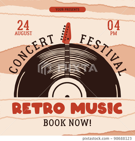 Retro Music Social media post template with vintage vinyl plate and guitar. Classic concert festival invitation card design. Stock vector poster graphics Retro Music Social media post template with vintage vinyl plate and guitar. Classic concert festival invitation card design. Stock vector poster graphics 98688123