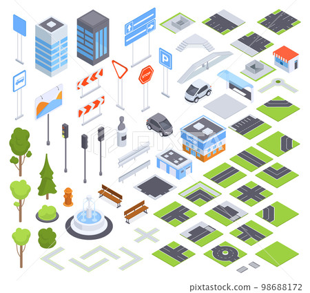 Isometric city road elements and traffic signposts. Street road signs, crossroads, traffic light and bus shop 3D vector illustration set. Urban city environment collection 98688172