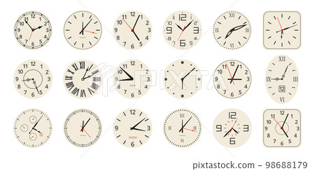 Cartoon watch faces. Analog vintage clocks, electronic and mechanical watch faces with numbers and clock hands flat vector illustration set. Classic watch accessories 98688179