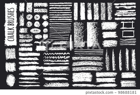Chalk rough brushes. Grunge texture chalk pencil strokes, hand drawn doodle charcoal brush flat vector illustration set on white background 98688181