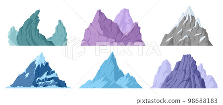 Mountains set. Cartoon hill tops, mountain snowy peak and rocky range, outdoor hiking, nature landscape mountain silhouettes flat vector illustrations on white background Mountains set. Cartoon hill tops, mountain snowy peak and rocky range, outdoor hiking, nature landscape mountain silhouettes flat vector illustrations on white background 98688183