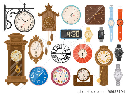 Cartoon clock. Wristwatches, electronic watch, mechanical vintage clocks, digital timepieces and quartz interior chronometers flat vector illustration set. Time measuring devices Cartoon clock. Wristwatches, electronic watch, mechanical vintage clocks, digital timepieces and quartz interior chronometers flat vector illustration set. Time measuring devices 98688194