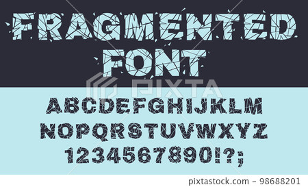 Crushed glass alphabet. Cracked broken abc font, smashed glass letters and numbers, shattered, fragmented broken letters flat vector illustration isolated on white background Crushed glass alphabet. Cracked broken abc font, smashed glass letters and numbers, shattered, fragmented broken letters flat vector illustration isolated on white background 98688201