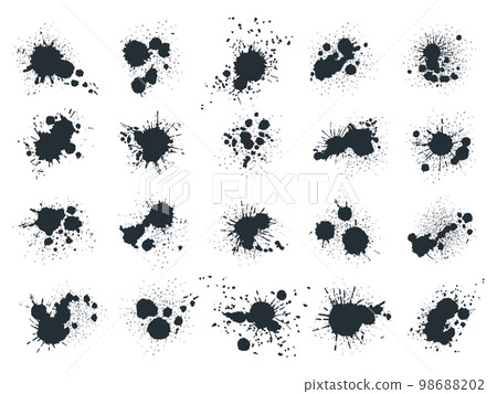 Ink blob splashes. Black paint drops and spots, abstract ink splatters. Liquid writing ink grunge drops silhouettes flat vector illustration set 98688202