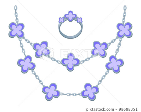 Cartoon silver jewelry set. Precious necklace and ring, enamel glamorous jewelry, silver ring and necklace flat vector illustration on white background Cartoon silver jewelry set. Precious necklace and ring, enamel glamorous jewelry, silver ring and necklace flat vector illustration on white background 98688351
