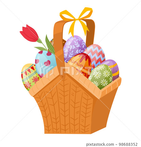 Cartoon wicker basket full of easter eggs. Painted easter eggs in hamper handle basket, spring holiday celebration basket flat vector illustration on white background Cartoon wicker basket full of easter eggs. Painted easter eggs in hamper handle basket, spring holiday celebration basket flat vector illustration on white background 98688352