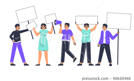Protesting people holding empty banners. Demonstrating activists, political or environmental manifesting activists, street demonstration flat vector illustration on white background Protesting people holding empty banners. Demonstrating activists, political or environmental manifesting activists, street demonstration flat vector illustration on white background 98688466