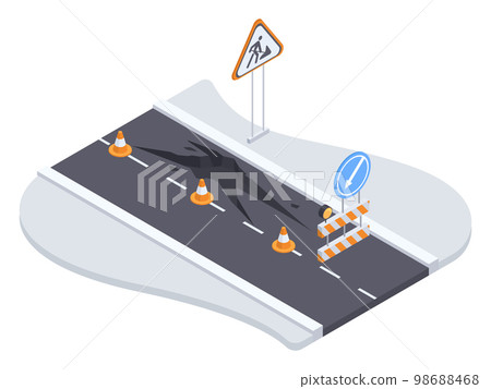 Isometric cracked city road. Urban city asphalt road under construction, road fenced with security signposts and barriers 3D vector illustration. Danger road section 98688468