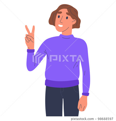 Man show peace sign. Cheerful guy with peace sign, smiling character body language flat cartoon vector illustration isolated on white background 98688597