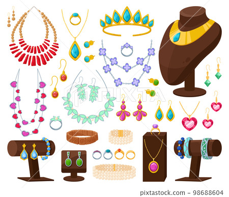 Cartoon jewelry, golden diamond rings, pearl necklace. Glamorous precious accessories, jewelry and bijouterie flat vector illustration set. Beautiful elegant jewel collection 98688604