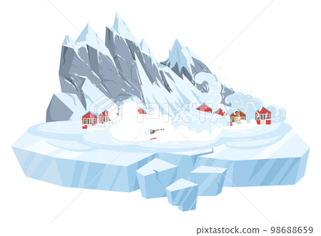 Cartoon snow avalanche natural disaster. Snowy mountains catastrophe, ice and snow descends on village houses, winter season cataclysm flat vector illustration on white background 98688659