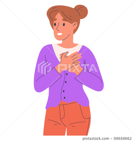 Cartoon woman with gratitude tender emotion. Adult female show thanks or appreciation emotions, smiling person positive body language flat vector illustration on white background 98688662