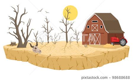 Cartoon barren lands, natural disaster. Drought land, dry farmlands soil with dead trees, barrenness and soil poverty flat vector illustration isolated on white background Cartoon barren lands, natural disaster. Drought land, dry farmlands soil with dead trees, barrenness and soil poverty flat vector illustration isolated on white background 98688688
