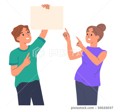Cartoon people pointing to blank poster with index fingers. Male and female characters presenting product, managers showing and introducing new product flat vector illustration Cartoon people pointing to blank poster with index fingers. Male and female characters presenting product, managers showing and introducing new product flat vector illustration 98688697
