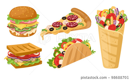 Cartoon takeaway fast food. Pizza, burger, sandwich, taco and shawarma, tasty junk food fried snacks flat vector illustration isolated on white background Cartoon takeaway fast food. Pizza, burger, sandwich, taco and shawarma, tasty junk food fried snacks flat vector illustration isolated on white background 98688701