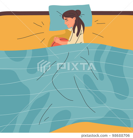 Cartoon woman sleep in bed. Young resting female character, bedtime cozy scene flat vector illustration isolated on white background Cartoon woman sleep in bed. Young resting female character, bedtime cozy scene flat vector illustration isolated on white background 98688706