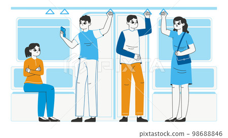 People holding subway handles. Public transport passengers, metro train or bus people crowd, tram passengers flat vector illustration on white background People holding subway handles. Public transport passengers, metro train or bus people crowd, tram passengers flat vector illustration on white background 98688846
